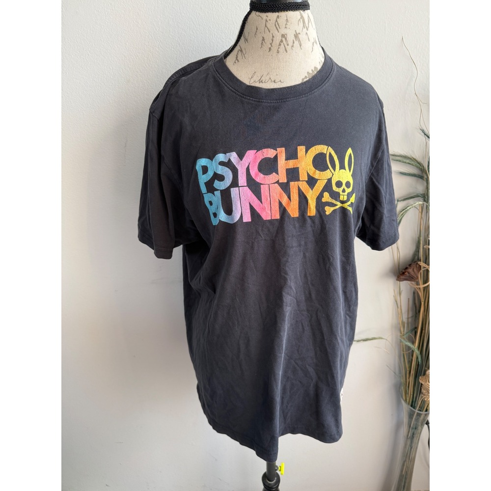Psycho Bunny Mens Black Rainbow Gradient Logo Pima Cotton Graphic T-Shirt Size 7